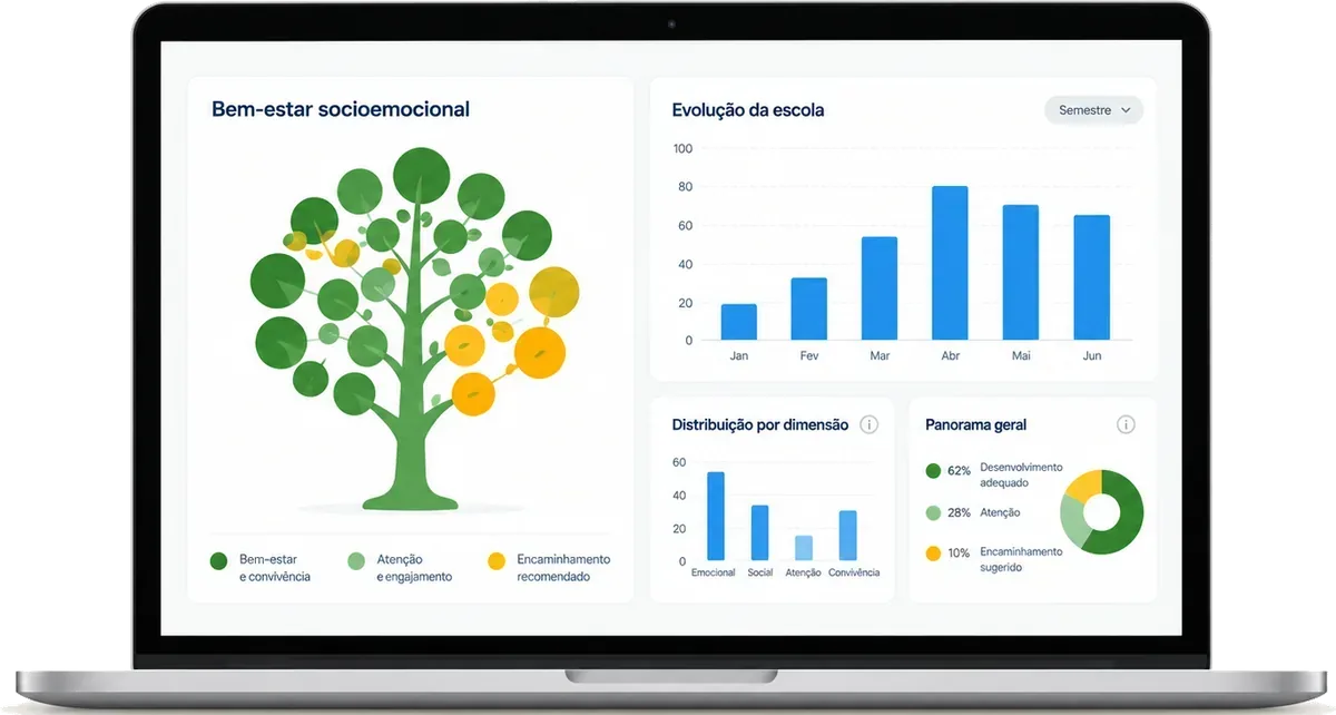 Notebook exibindo um painel de bem-estar socioemocional da escola, sem nomes de estudantes