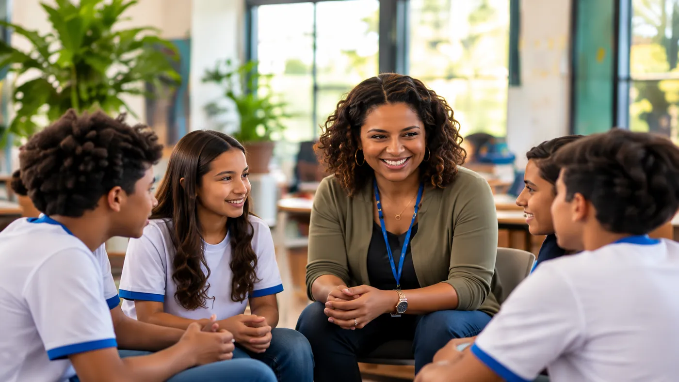 Educadora conversando em roda com adolescentes em uma sala clara com plantas