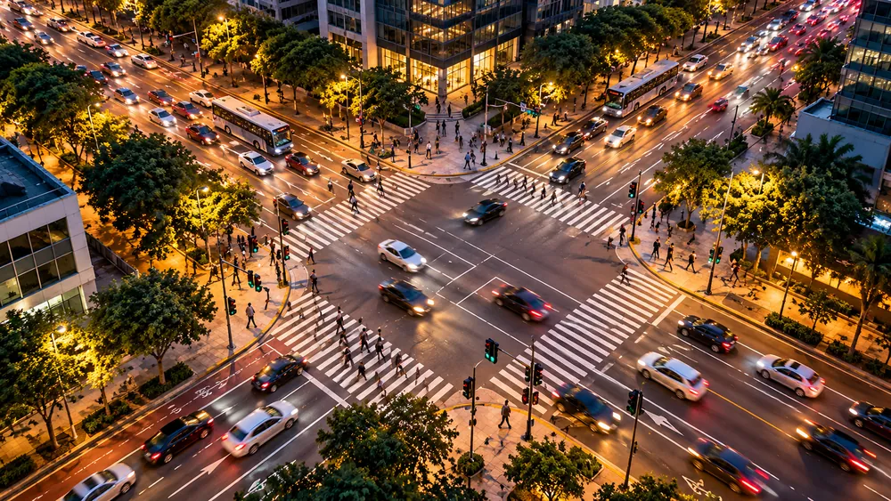 Cruzamento urbano movimentado visto do alto, ao entardecer