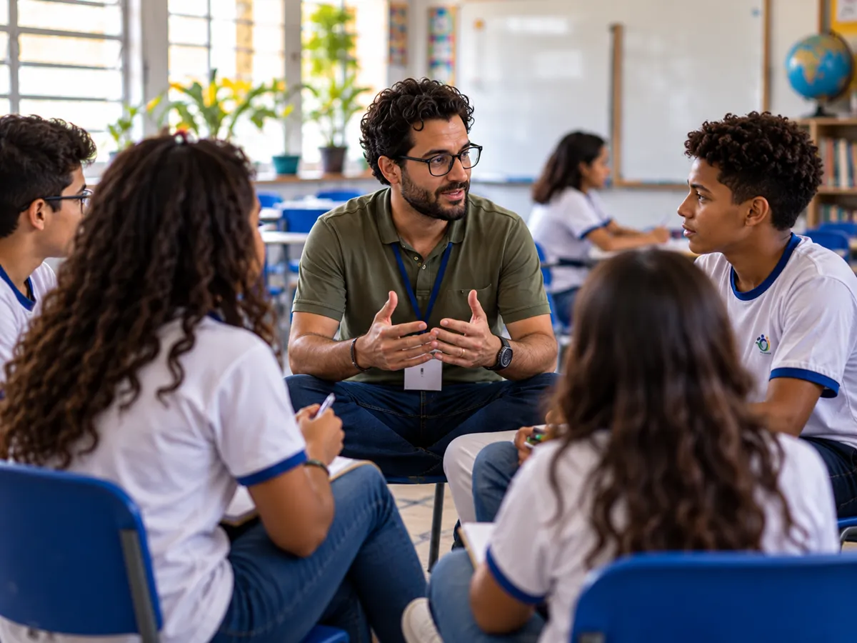 Educador conversando com estudantes sentados em roda na sala de aula