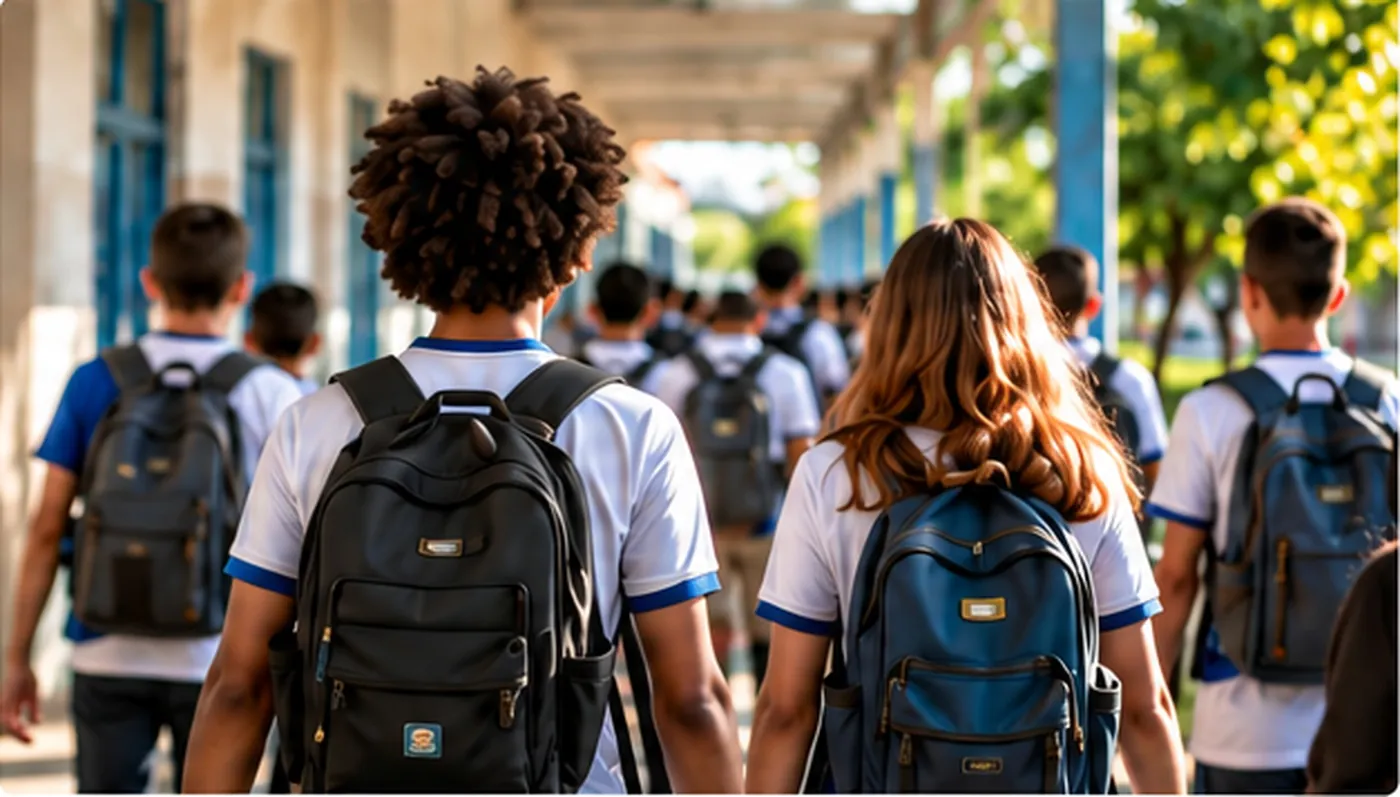 Estudantes de uniforme caminhando de costas pelo corredor de uma escola pública