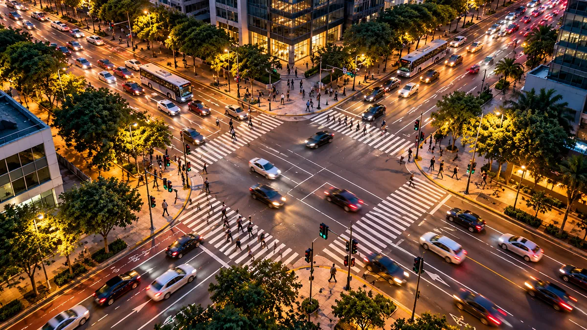 Cruzamento urbano movimentado visto do alto, ao entardecer, com faixas de pedestres e pessoas atravessando